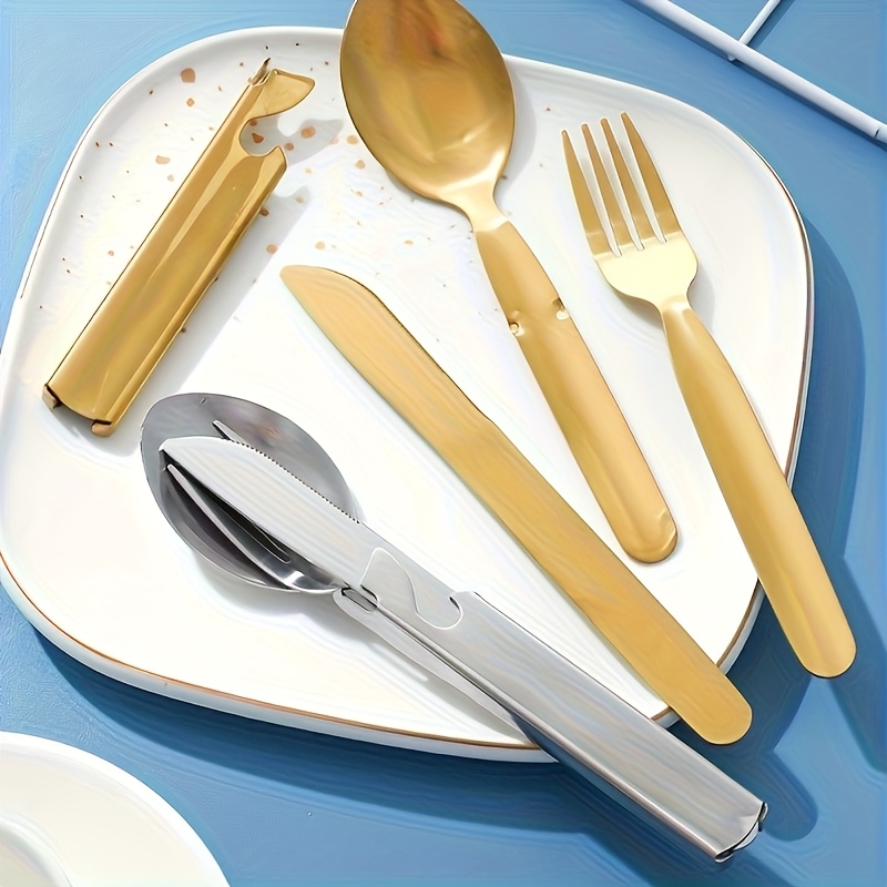 personalized and travel friendly stainless steel outdoor cutlery set with knife fork and spoon including bottle opener   stainless steel portable camping and travel gear in vintage golden and silvery color Product details 4
