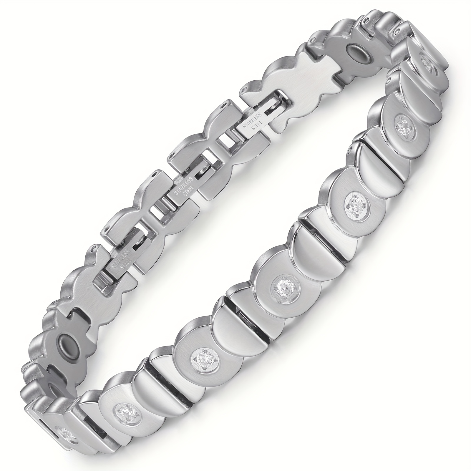 Image of Magnetic Bracelets For Women Stainless Steel With Ultra Strength Magnetic Design Adjustable Crystal Silvery Bracelet For Mother's Day Birthday Gift [ Sizing Tool]
