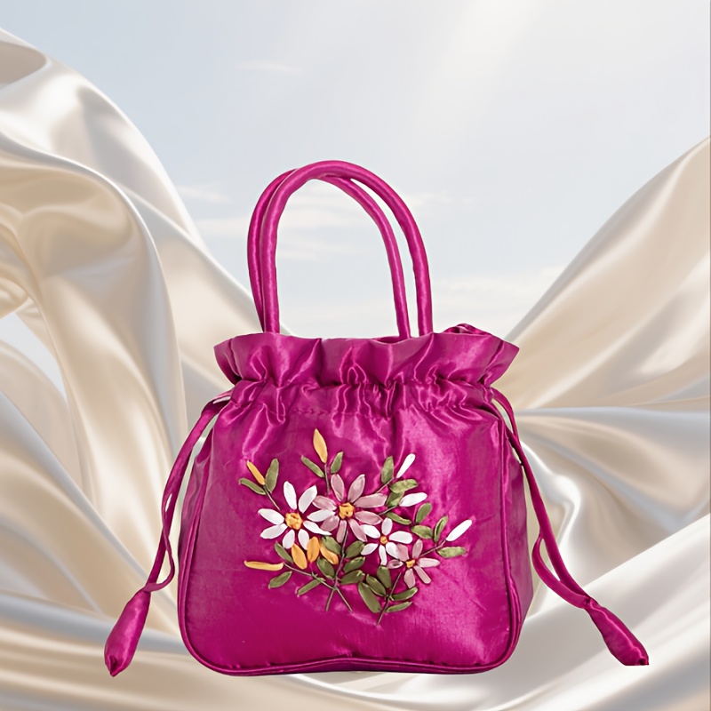 TEMU Sac fourre-tout vintage brodé à cordon, un sac de rangement multifonctionnel pour femmes, comprenant un portefeuille, un porte-cartes, un sac