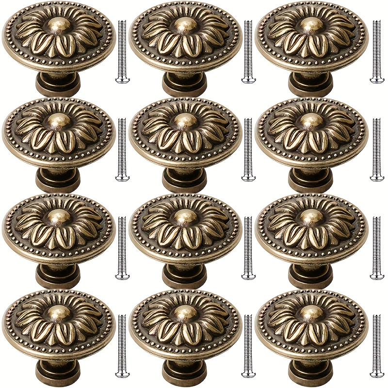 TEMU 12pcs Antique Bronze Cabinet Handle Pulls, Vintage Rustic Knobs, *1.38 Inches, For Cabinet, Closet, Dresser, Bathroom, With Included Components,