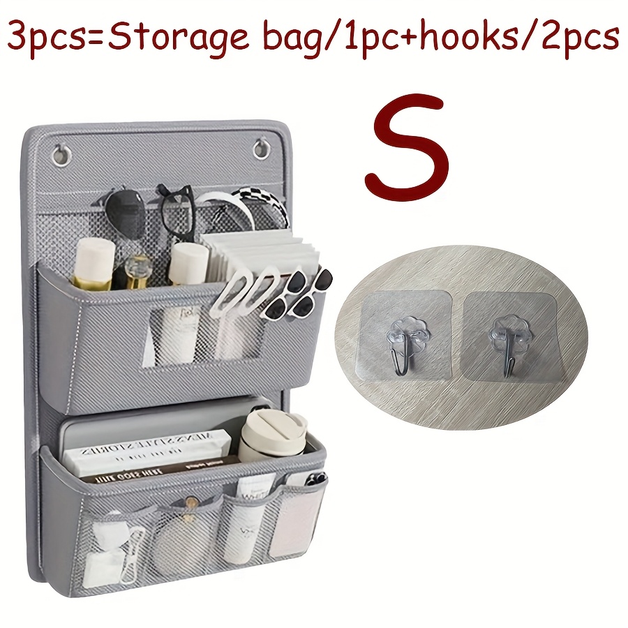 TEMU 3pcs Set Multifunctional Gray Wall-mounted Storage Box - Multi-compartment Fabric Hanging Organizer With Viewing Window And Hooks, Suitable For