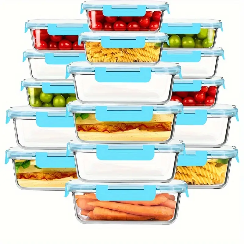 20pcs large capacity glass food storage container set with blue lids reusable microwave freezer safe square containers for meal prep refrigerator organization and more Product details 1