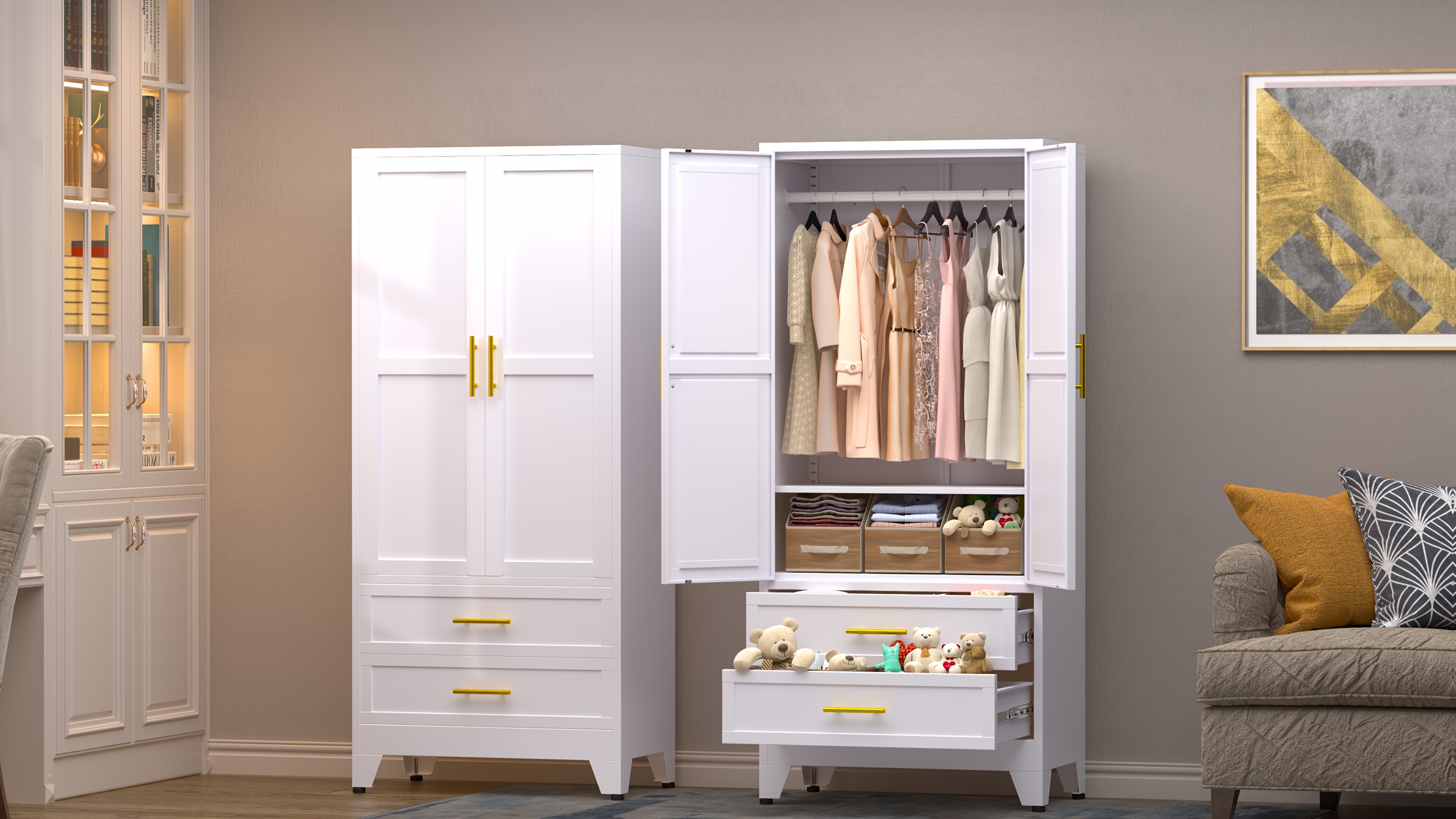 71 Inch Metal Clothing Storage Cabinet with 2 Doors, Golden Handle, 2 Adjustable Shelves, And 2 Drawers, Used for Independent Steel Wardrobes In Bedrooms, Gyms, And Cloakrooms