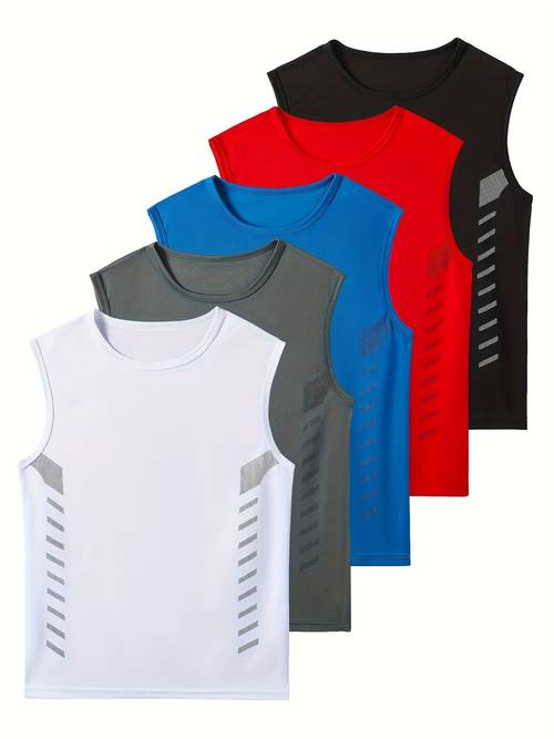 5pcs set of youth sports vests summer solid color side striped print black white gray red blue multi set mesh quick drying sleeveless top outdoor youth teenagers multi piece washable undershirt lightweight and breathable
