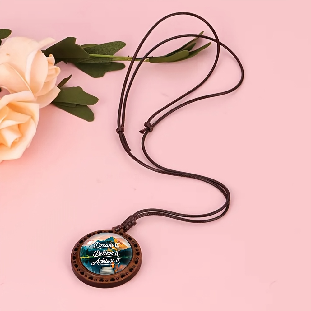 Mountain Lake Scenery Heart-Shaped Wooden Necklace, Cute Accessory
