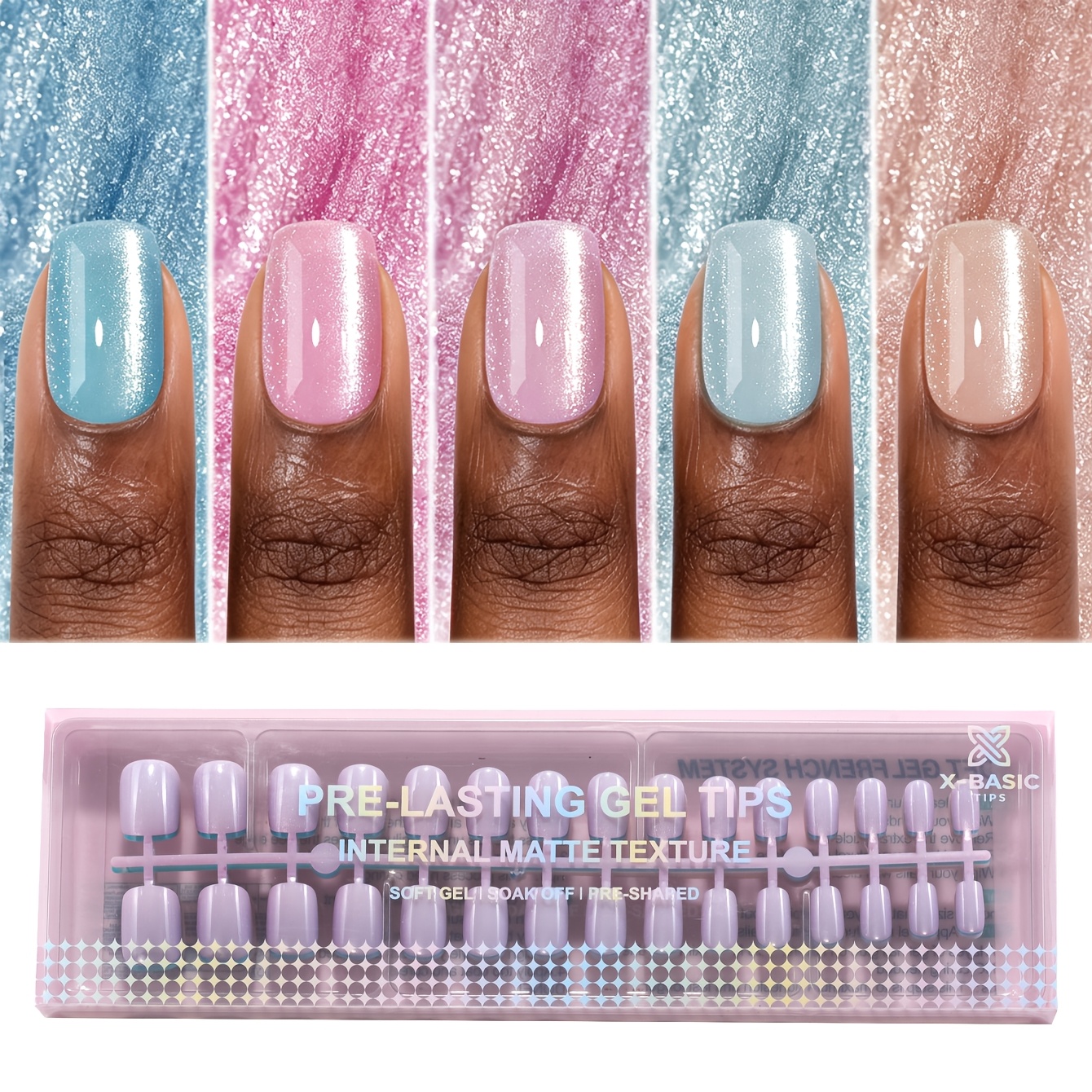 TEMU X-basictips 150pcs Sparkling Glass Bead Cat-eye Press-on Nail Polish, Available In Sky Blue, Pink, Light Purple, Skin Tone, And Gray. A Stylish,
