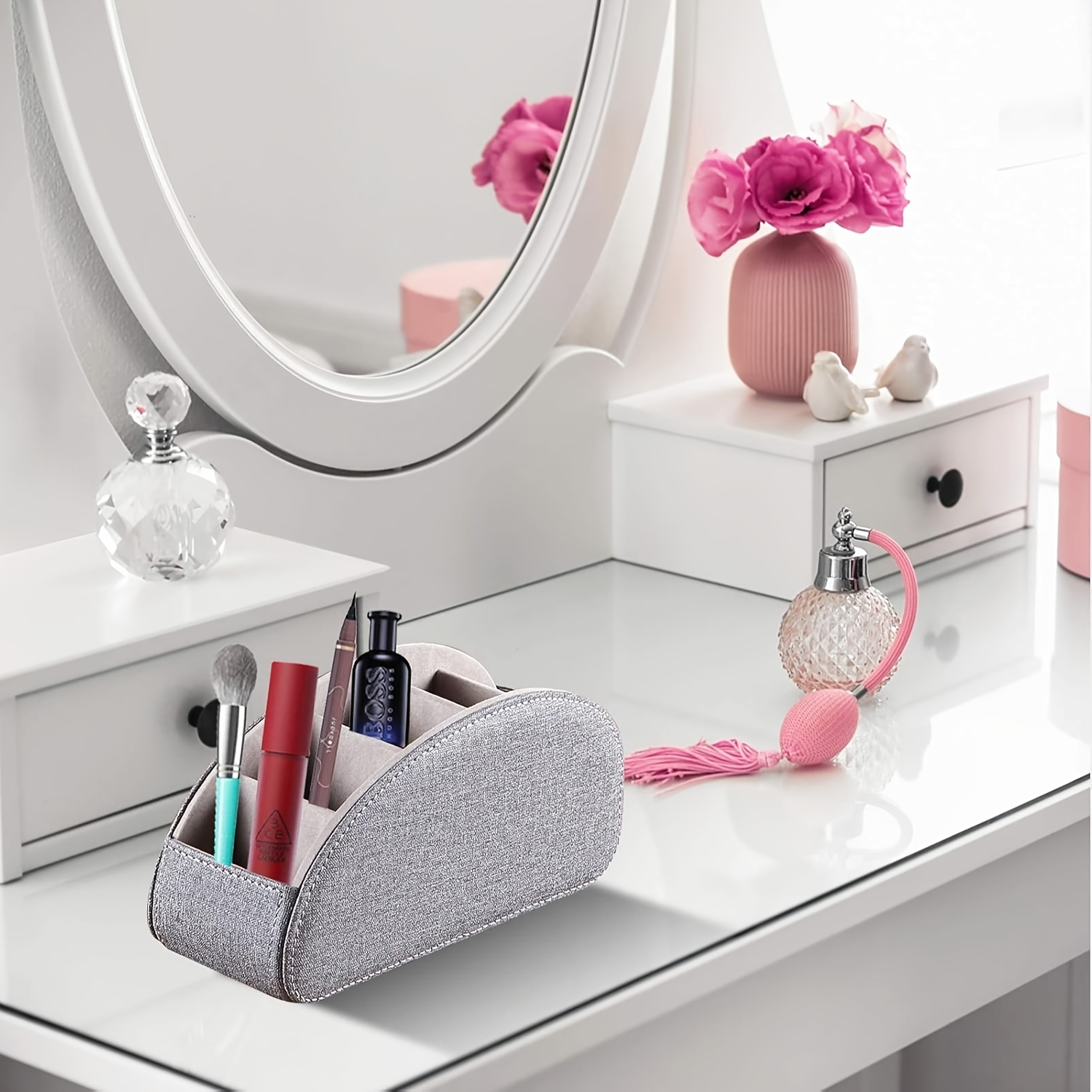 remote control holder with 5 compartments faux leather multifunctional desktop storage box remote organizer caddy pen case home storage container for remote controls pens eyeglasses makeup brushes office stationery decor and accessories shelf baskets 6