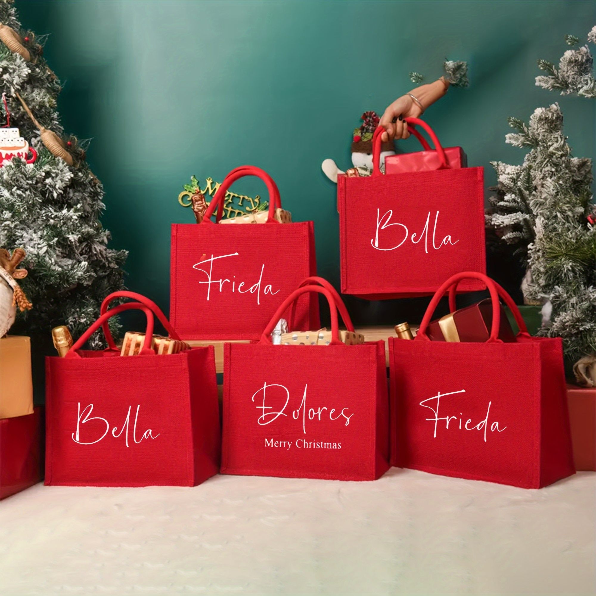 Personalized Red Burlap Gift Bags with Alphabet Print Lightweight  Fabric Tote Bags for Christmas Unlined, Non-Wa