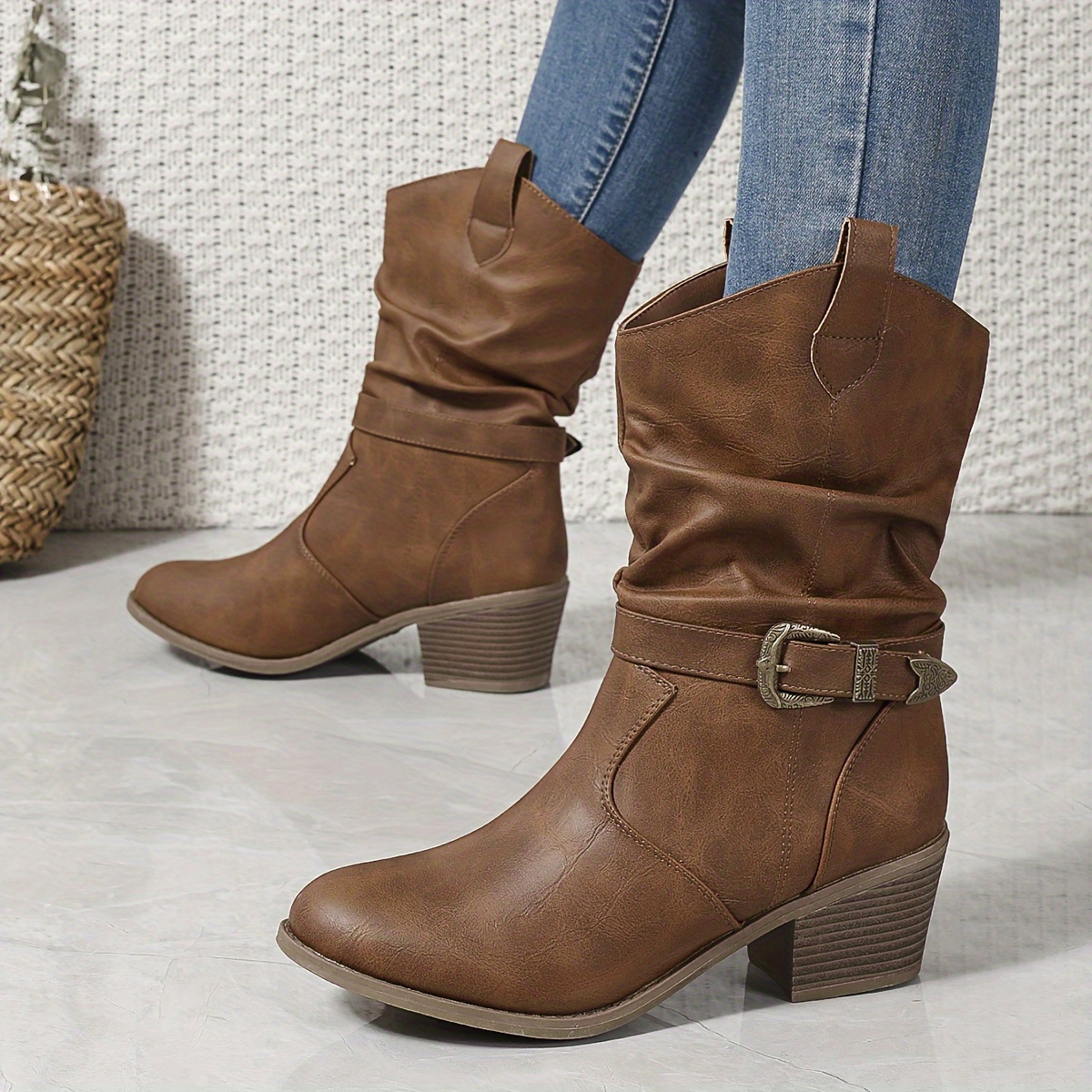 

Women Solid Color Stylish Boots, Buckle Belt Chunky Heel Casual Cowboy Boots, Round Toe Knight Boots