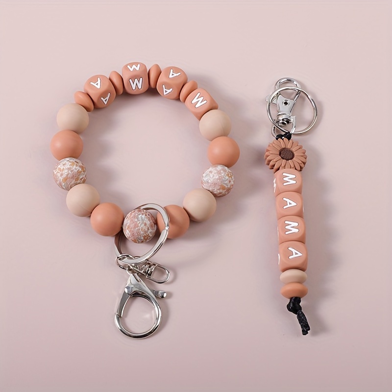 TEMU 2pcs/set Of Letter Bead Keychain Printed With Silicone Mama Letter Bead Wrist Keychain, Backpack Accessories, Gift For Mom