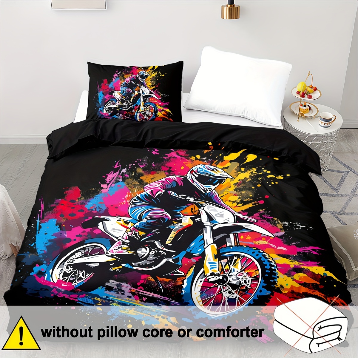 E-shop 2/3-teiliges weiches, bequemes Bettbezug-Set, Motorrad-Bettwäsche, Rennmotorrad-Bettwäsche Queen Size, farbige Batik-Bettwäsche,