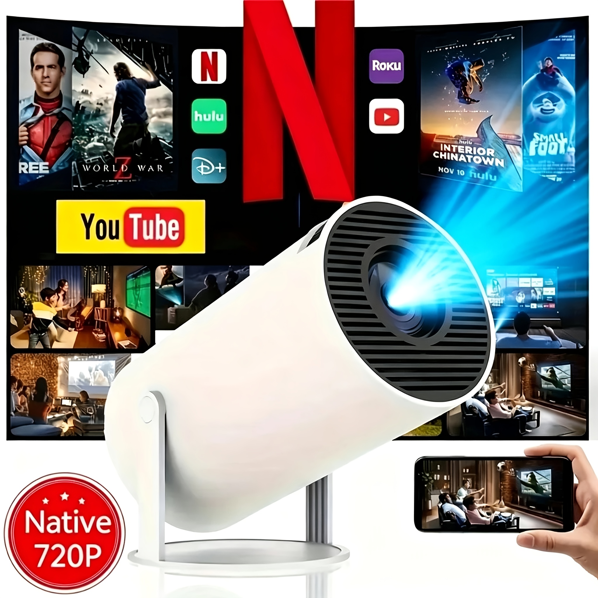 TEMU New Portable Projector With Wifi 6 And Wireless 5.0, Local 720p Support Smart Projector, Adjustable Screen, 180° Rotation, Built-in Android 11.0