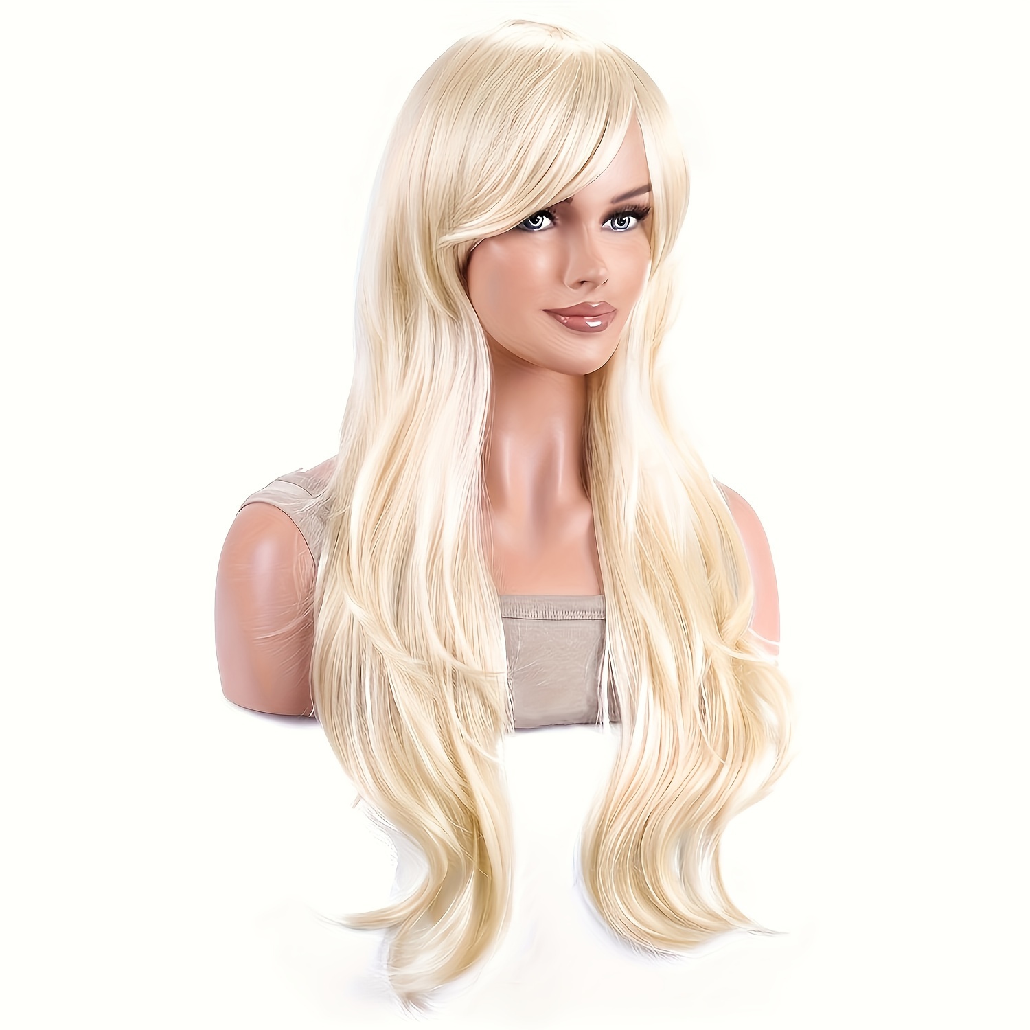 

Light Blonde Long Curly Wavy Wig With Bangs Synthetic Wig Costume Wig For Halloween Party Music Festival