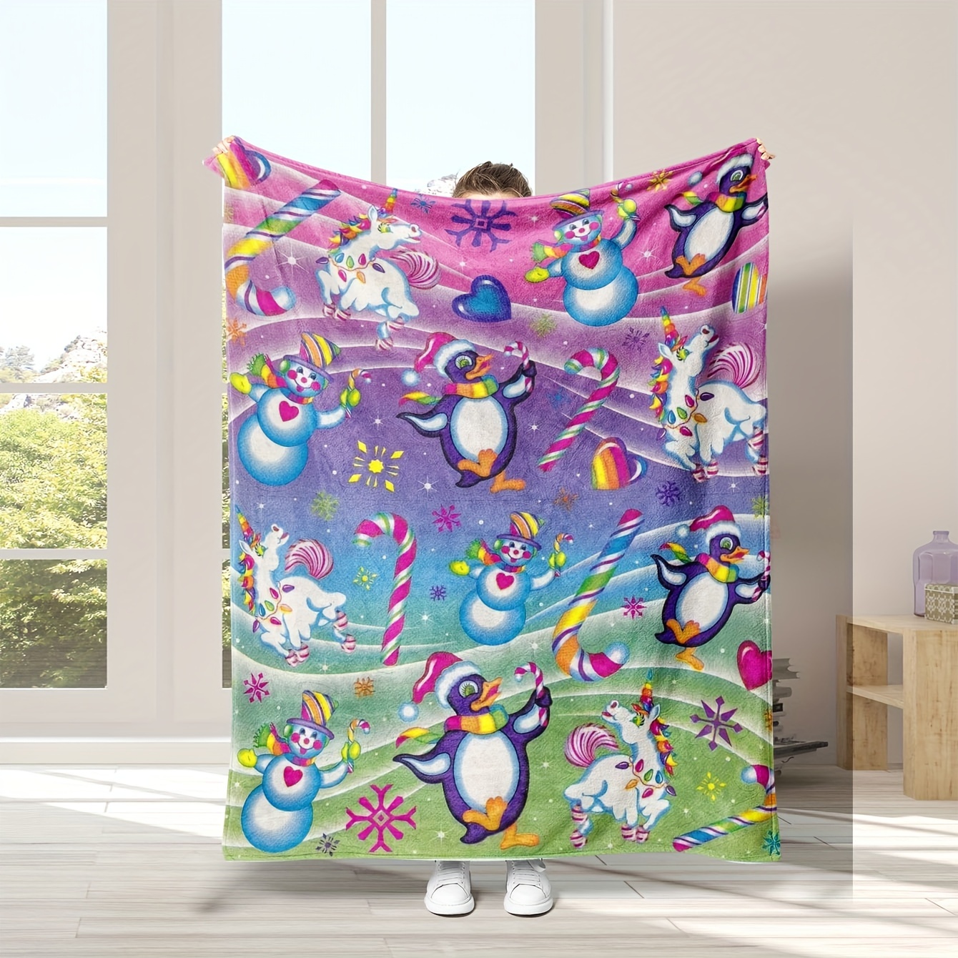 

Christmas Penguin And Candy Cane Printed Fleece Throw Blanket - Perfect Gift For All