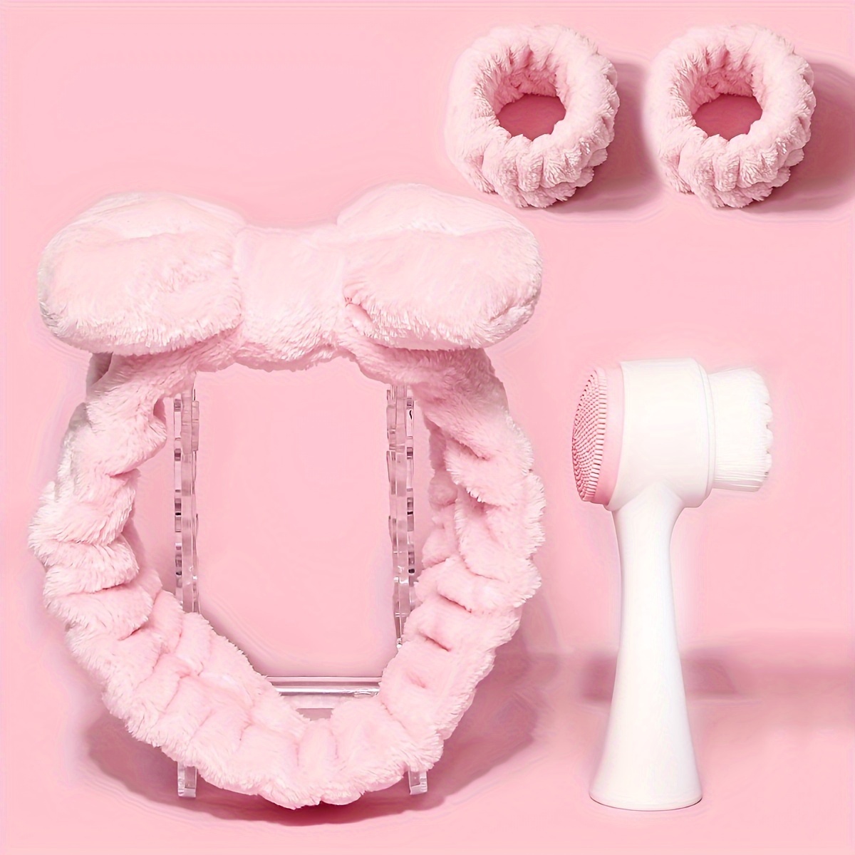 TEMU 4pcs Beauty Set: Plush Wristband, Bow Headband, Sweat-absorbing Headband And Facial Cleansing Brush - Fragrance-free Tool For Washing And Makeup