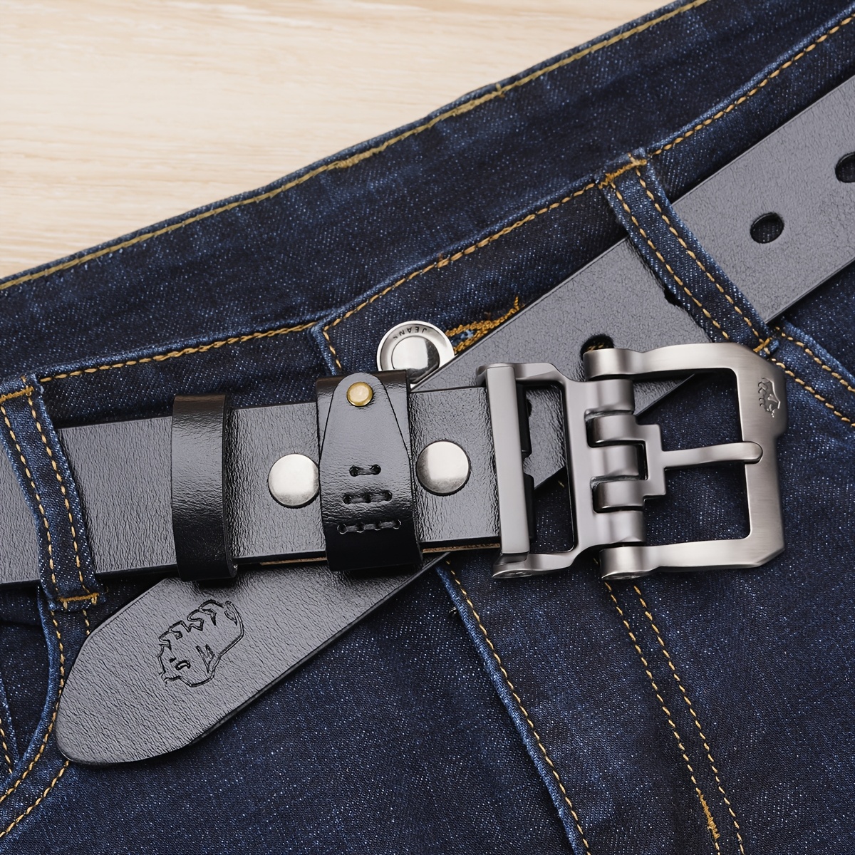 BISON DENIM Men'S Leather Belt Brown Casual Style