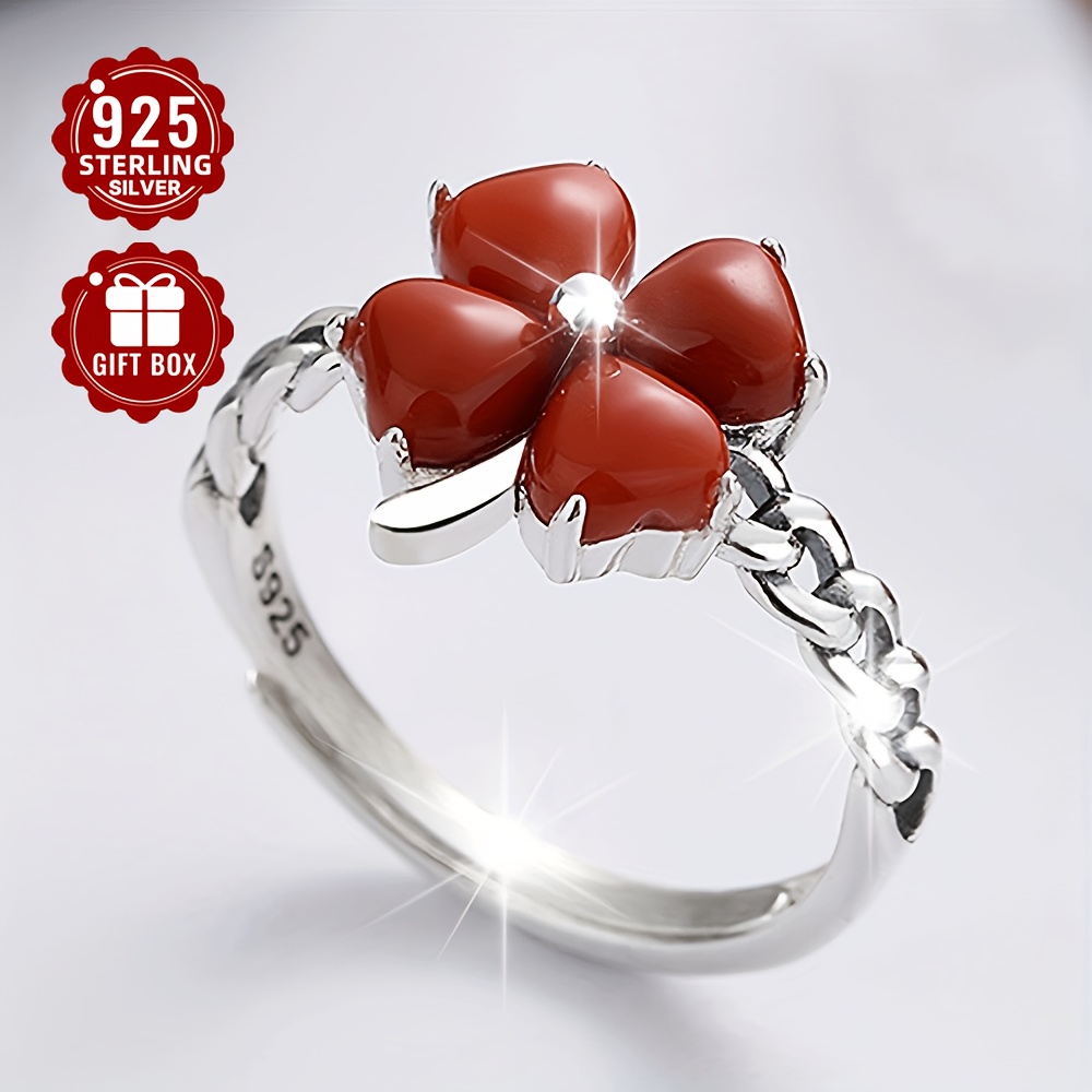 

Vintage Style 925 Sterling Silver Adjustable Cuff Ring With Red Agate Clover Design | Classic Fashion Unisex And Banquet - 1pc (936jm 3g/935fj 2.3g)