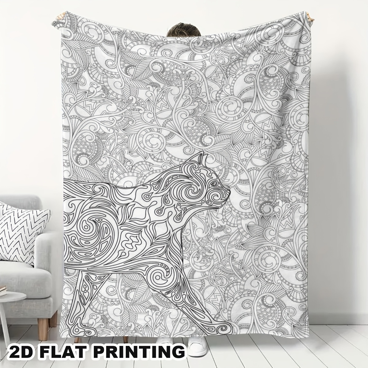 TEMU 2d Flat 1pc Adult Relax Coloring Flannel Blanket With Cat Theme Diy Hand-painted Graffiti Blanket, Home Warm Cover Blanket, Washable Creative