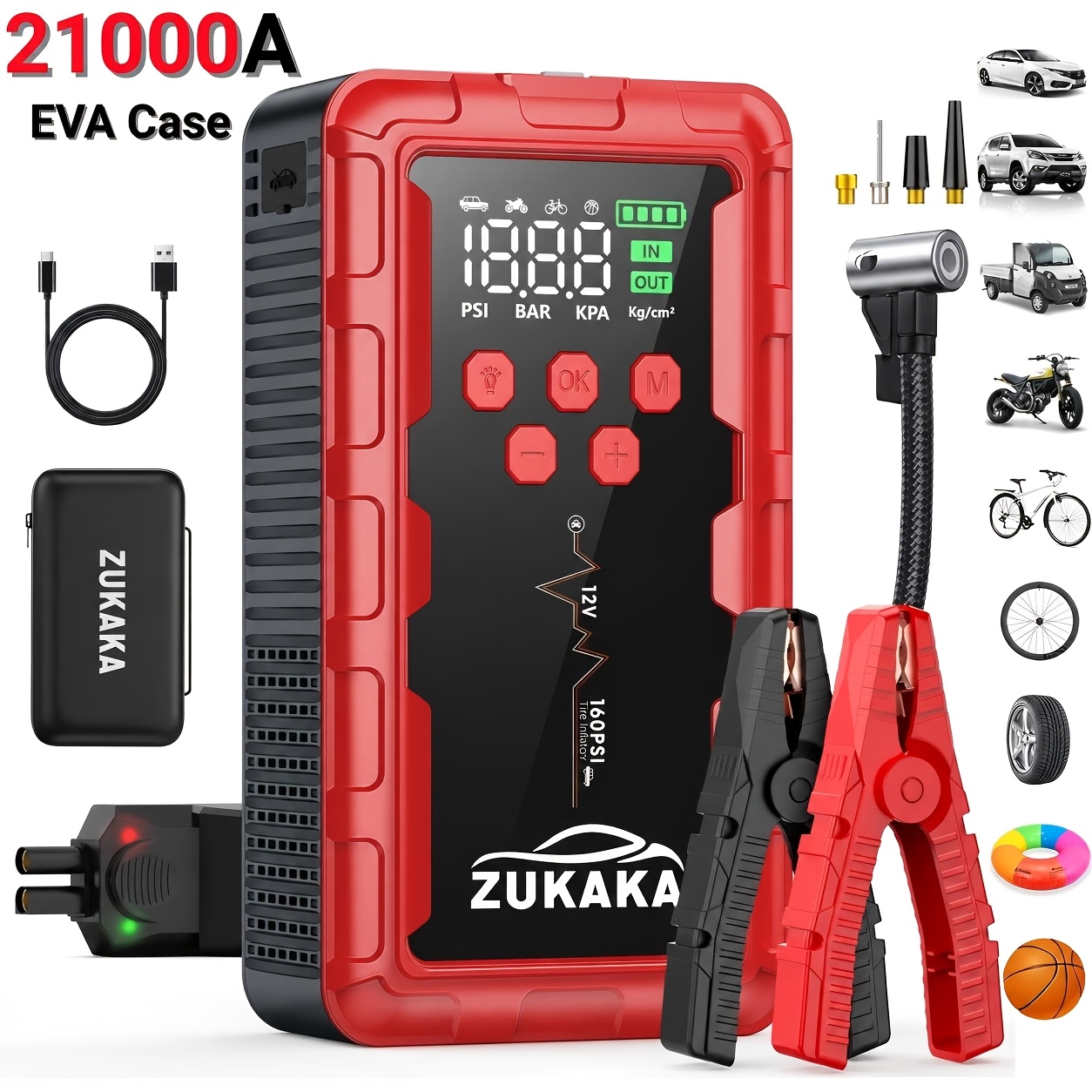 Image of Car Jump Starter With 160psi Air Compressor Cordless, 12v Auto Jumper Gas Or 10.0l Vehicles, Battery Booster With Power Bank Pack & Led Flashlights, Smart Jumper Clamps, Eva Case Or Storage Bag