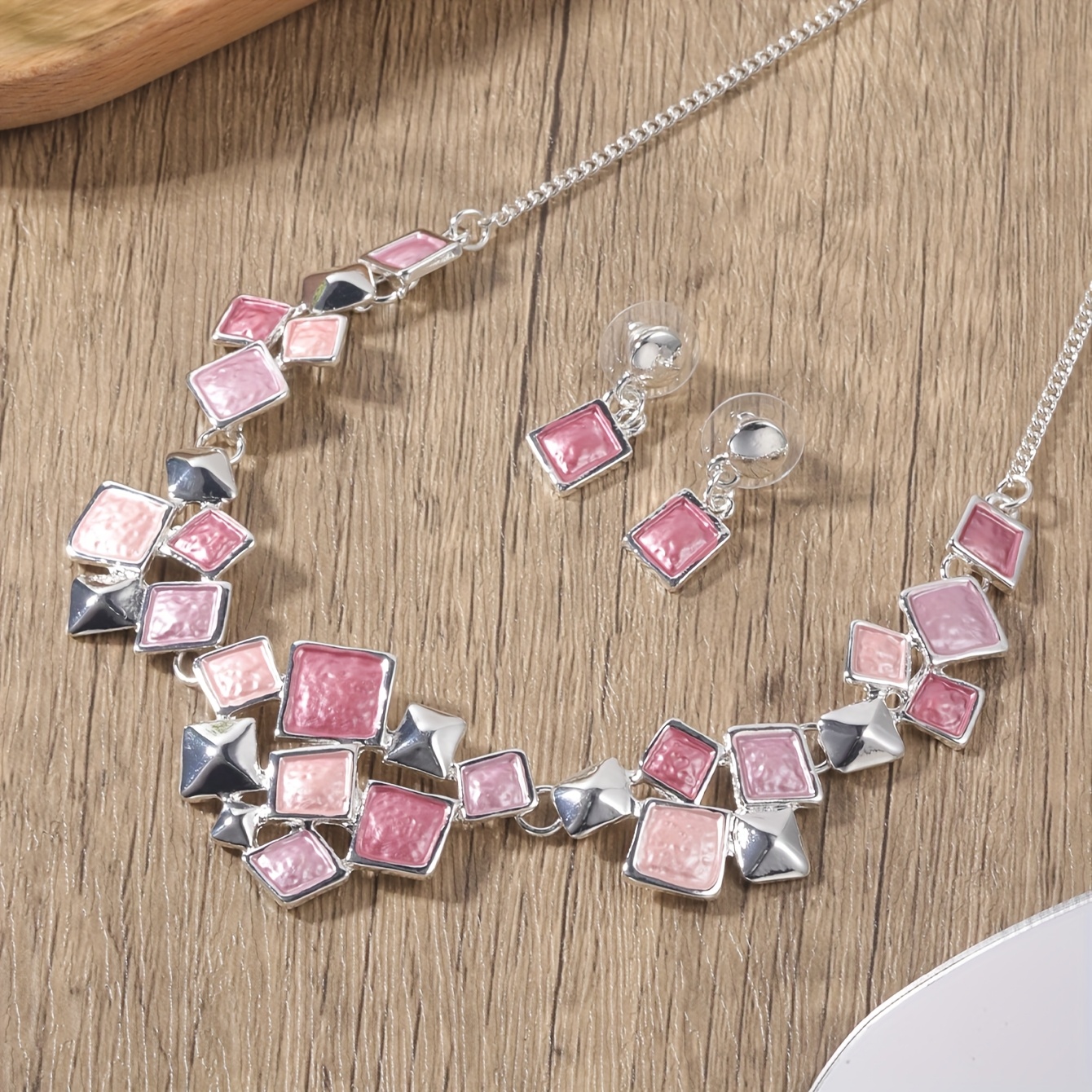Image of Easy And Fashionable Enamel Drip Oil Geometric Square Splicing Women's Necklace And Earrings, Suitable For Daily Holiday Parties To Wear