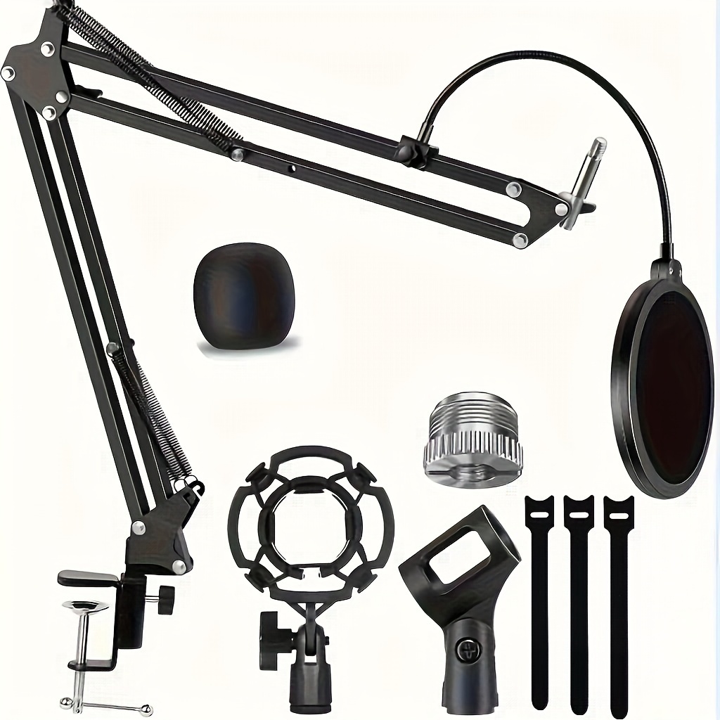 

Microphone Stand, Medium Boom Arm With Shock Mount, Windscreen, Pop Filter, Mic Clip Holder, Xlr Connector, For Blue , , , Snowball, K669b, And Other Mics, Durable Iron Construction