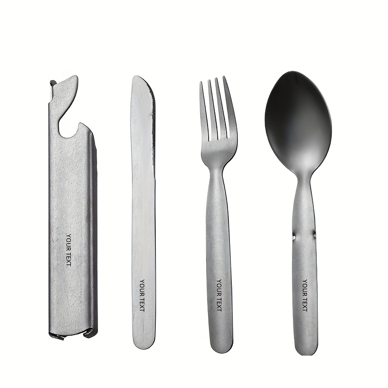 personalized and travel friendly stainless steel outdoor cutlery set with knife fork and spoon including bottle opener   stainless steel portable camping and travel gear in vintage golden and silvery color Product details 2