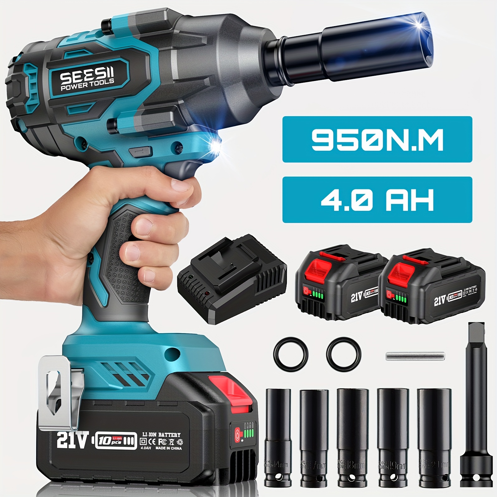 Image of Seesii 950n.m Impact Wrench High Torque (700 Ft-lbs), 1/2" Brushless Impact Gun W/two 4.0ah Battery, Fast Charger, 5 Sockets & Storage Case, Electric Impact Driver For Car Truck