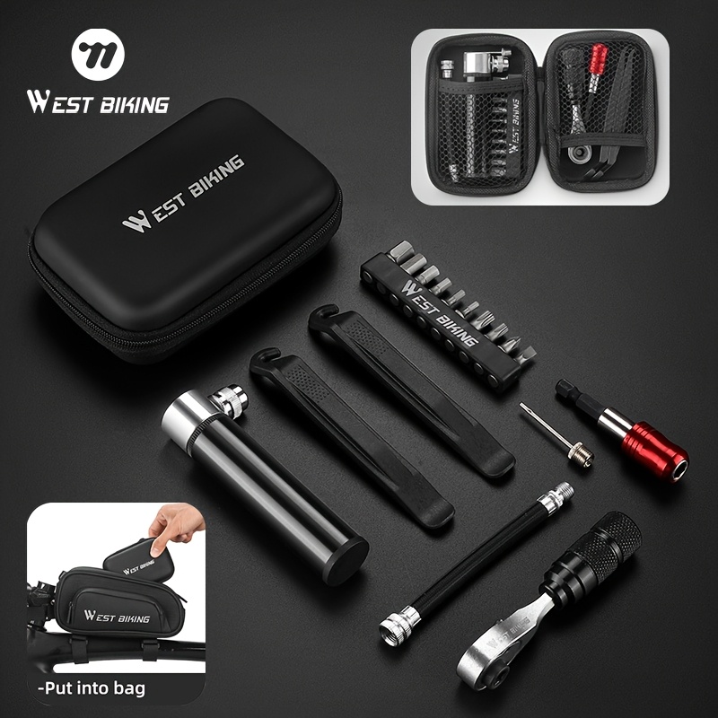 WEST BIKING Borsa per Riparazione Bici & Pompa per Pneumatici Kit Strumenti per Riparazione Bici Contiene Kit Strumenti 17-in-1 Borsa Portatile per Bici 1 Borsa Portatile