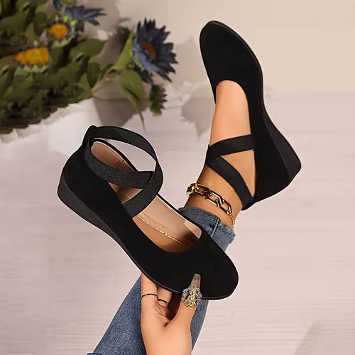 a pair of womens casual ballet flats with rounded toe and ankle straps lightweight solid color fabric upper and sole comfortable shoes are suitable for year round wear women shoes