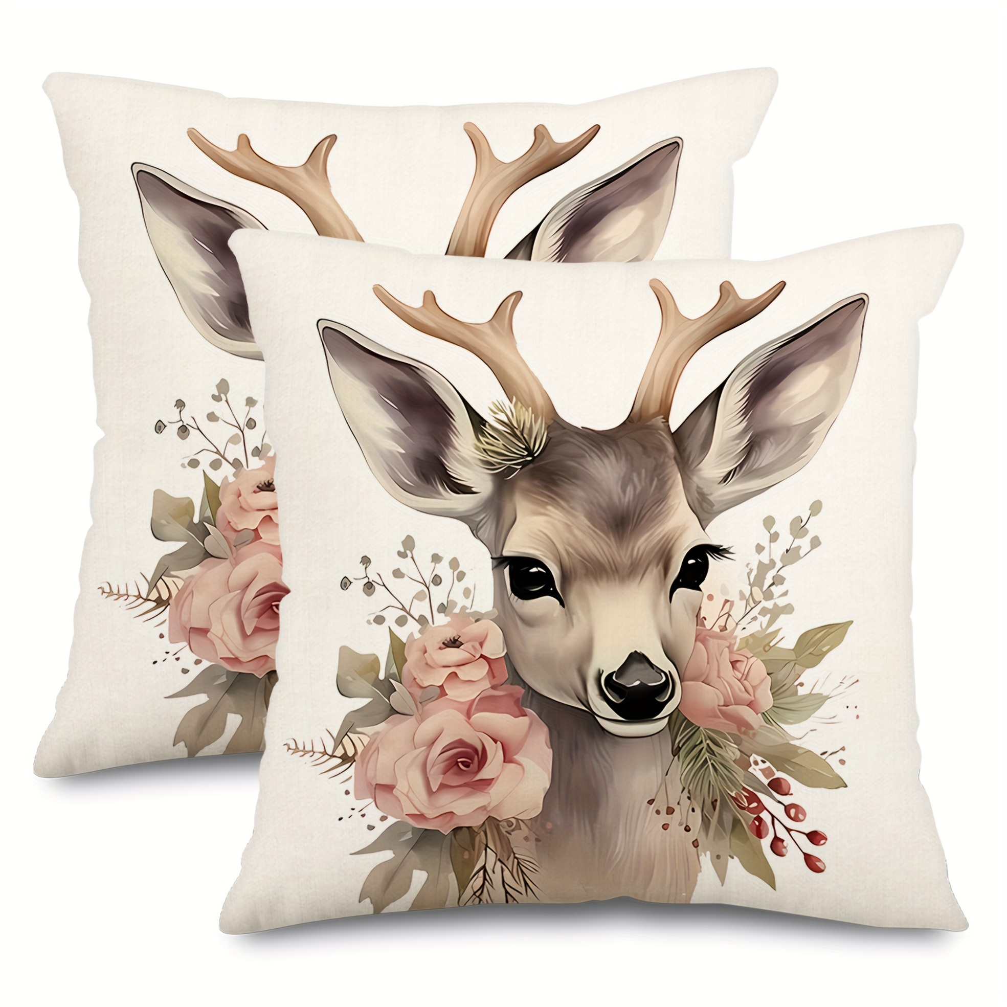 

2pcs, Pink Christmas Pillow Covers Set Of 2 Farmhouse Decorations Deer Floral Merry Decor Throw Case For Home Couch Only Pillowcases 16x16/18x18/20x20