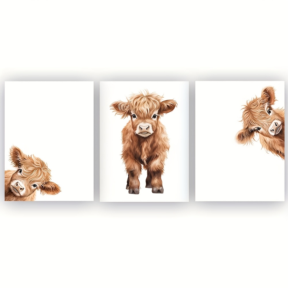 TEMU 2d Flat, 3 Cute Cow Animal Posters, Farmhouse Nursery And Kindergarten Wall Art, Brown Cow Paintings, Kindergarten Animal Artwork, Highland Cow