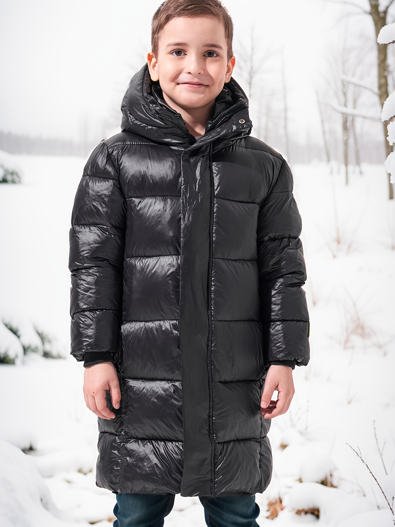Boys' Winter Hooded Parka Thick Long Coat, Black, Zip-Up, Machine  Washable, Polyester for Cold Weather, Cold Coat Durable Winter  Coat