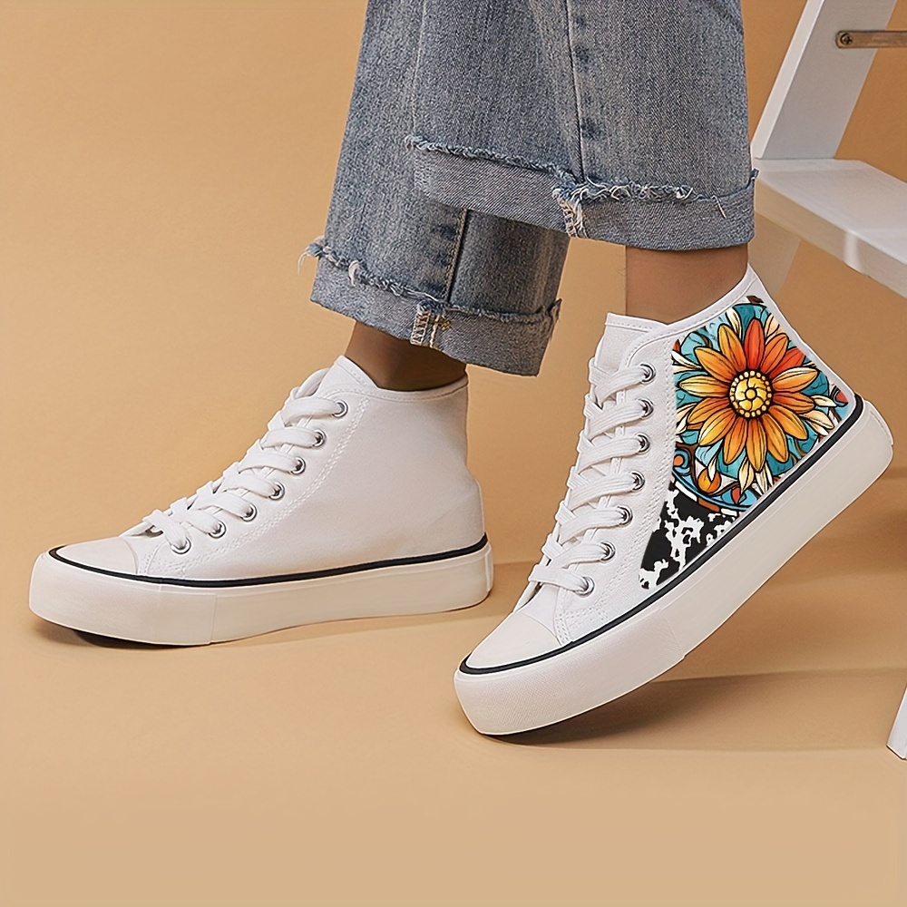 Floral Print Chunky Canvas Sneakers High Top Classic Skate Shoes