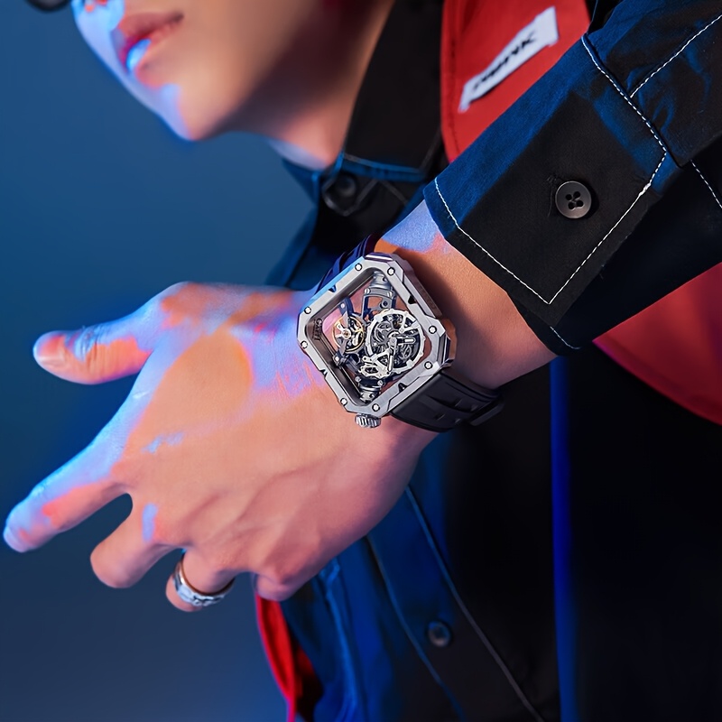 Men's Classic Square Skeleton Mechanical Watch with Fluoroelastomer Strap