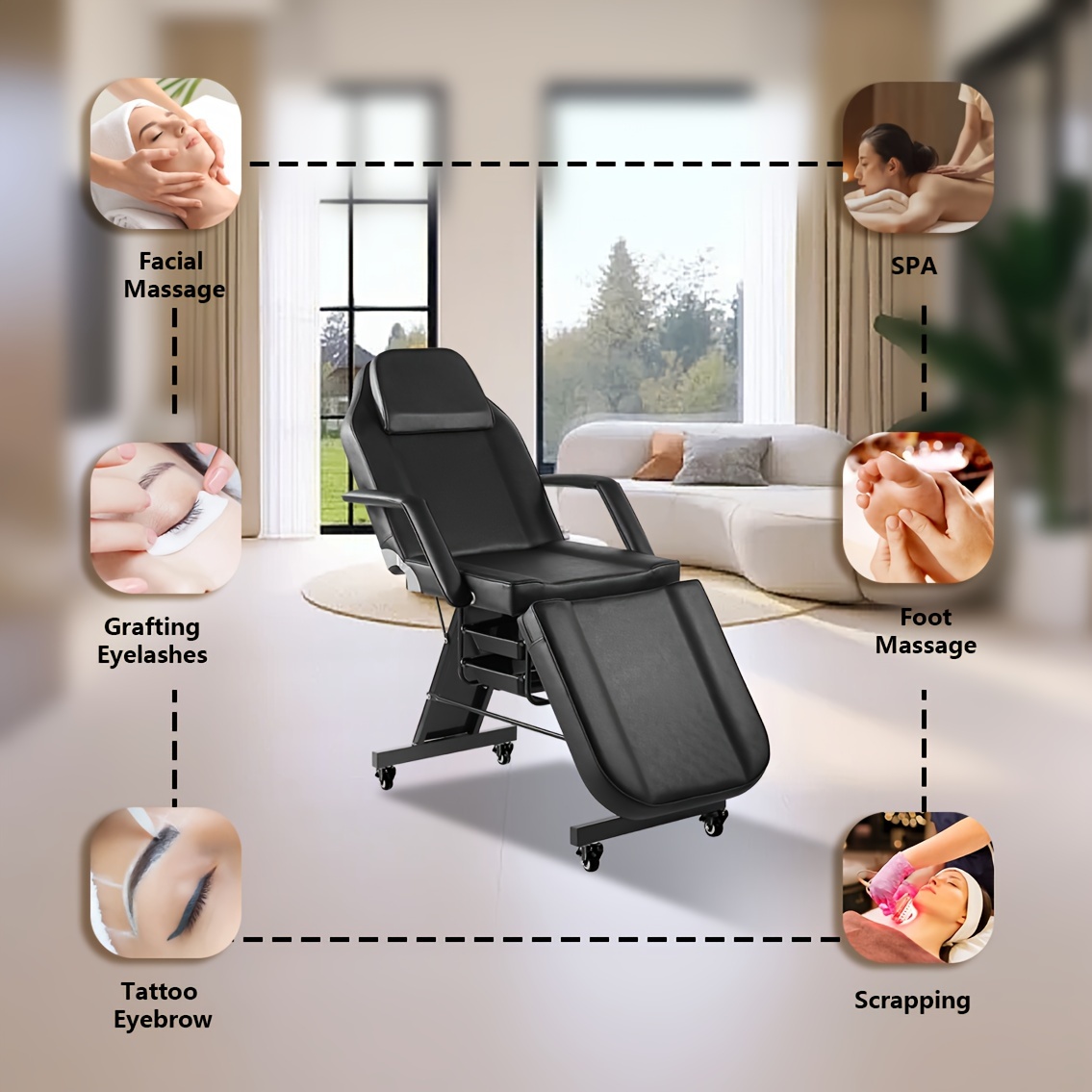 Facial Chair with Wheel Tattoo Chair for Client Artist Spa Bed Removable  Headrest for Client, Esthetician, Artist, Lash Bed Black