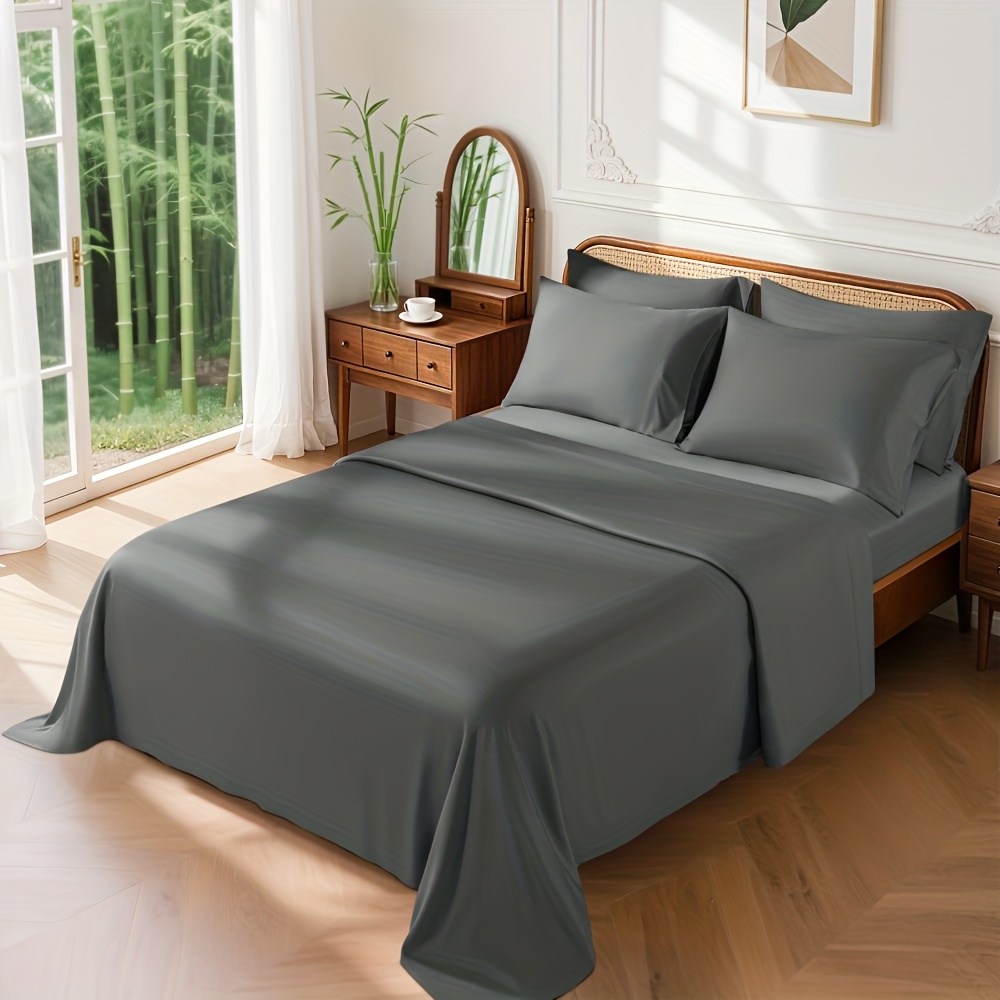 TEMU 6pcs Cooling Bamboo Bed Sheets Set, Microfiber Sheets Set With 4 Pillowcases, Breathable & Y Soft Bamboo Sheets Set