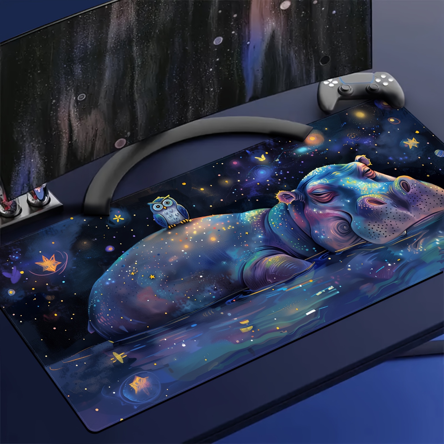 

Starry Hippo & Owl Galaxy Desk Mat - Large Rubber Mouse Pad With Non-slip Base, Washable Keyboard Pad For Home & Office Desk Accessories