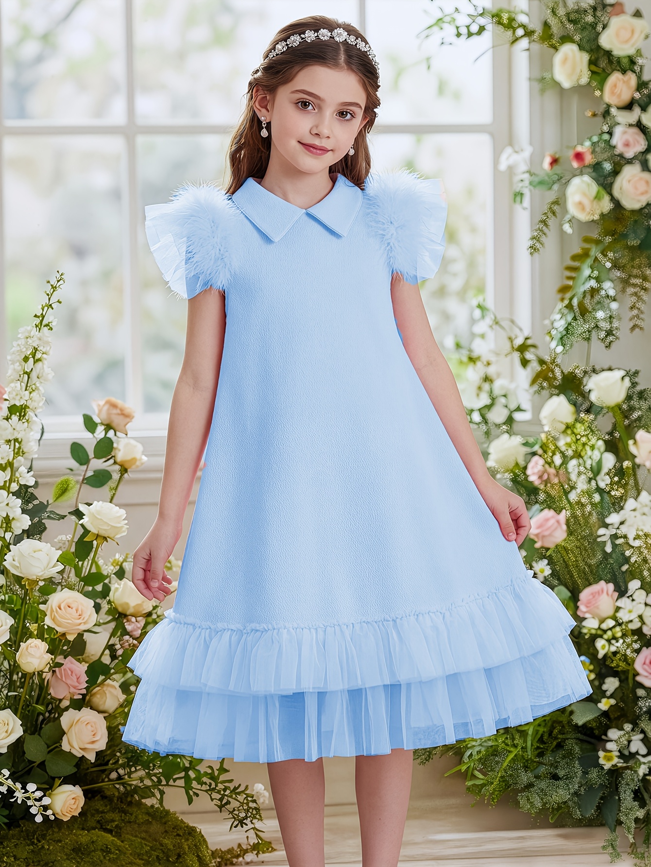 elegant tween girls purple blue mesh faux fur midi - Temu Oman