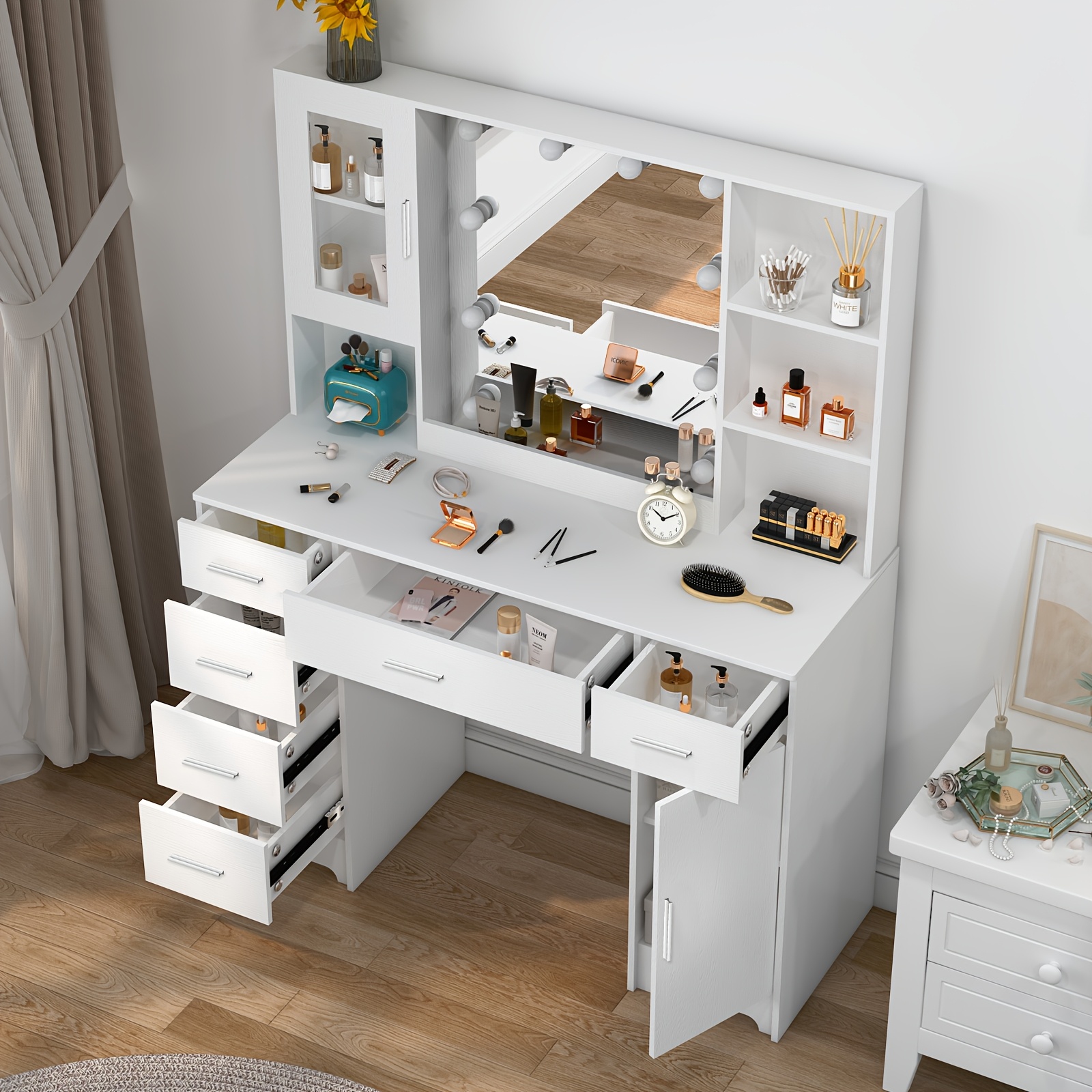 Stylish Lighted Vanity Set with Hollywood Mirror & Ample Storage