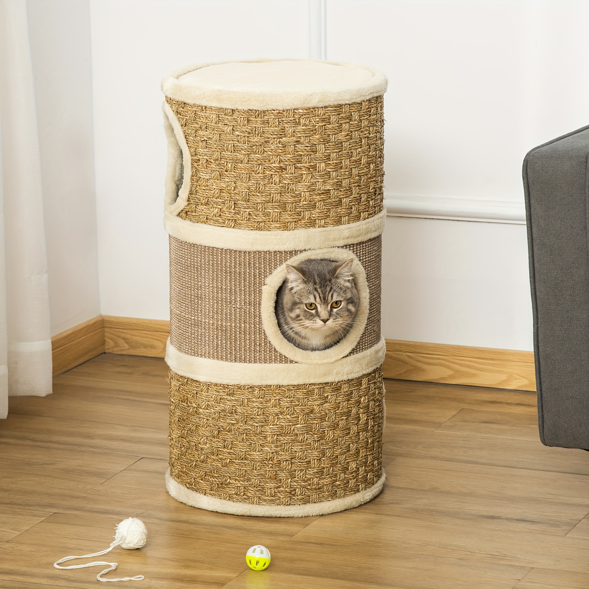 

Pawhut 28 Inch Cat Condo, Cat Hideaway With Sisal Scratching Pad, Barrel Shaped Small Cat Tree For Indoor Cats, Khaki And Brown