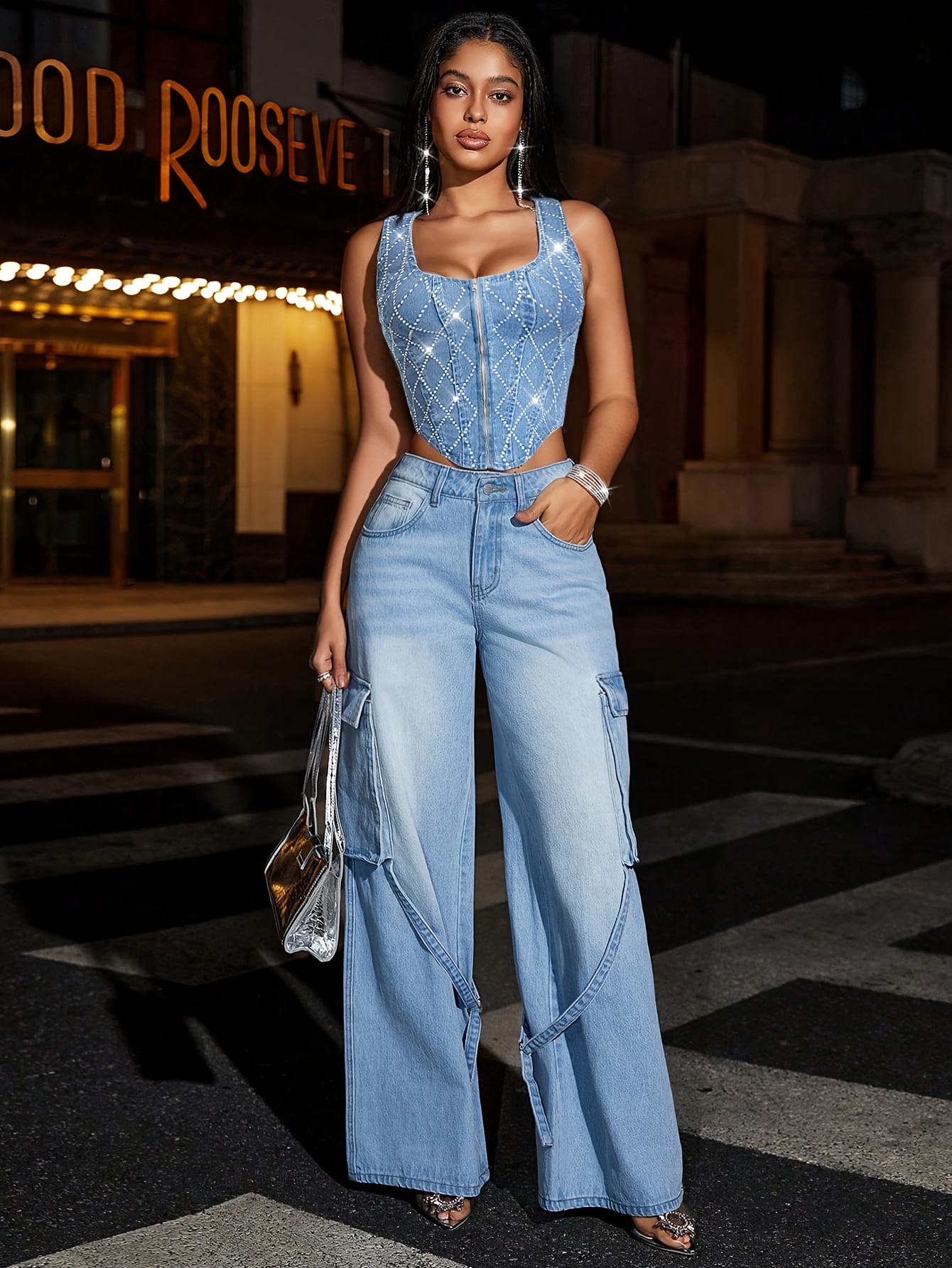 Spring And Summer Light Washed Denim Diamond Corset Top Square Neck Diamond Bustier, Suitable for Parties/Banquets/Travel