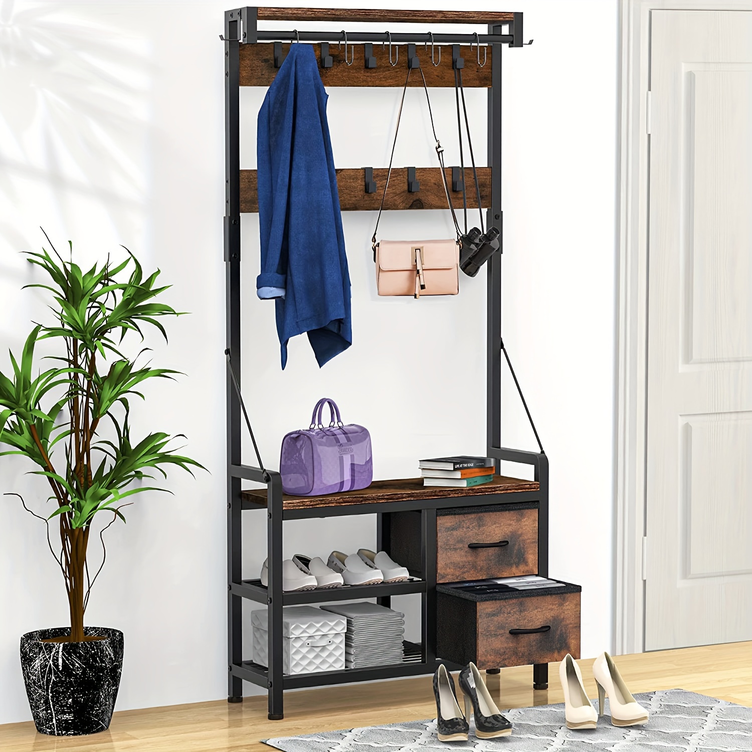 

Hall Tree 4 In 1 Entryway Bench With Coat Rack Drawers Hooks Freestanding Shoe Bench And Wall Rack