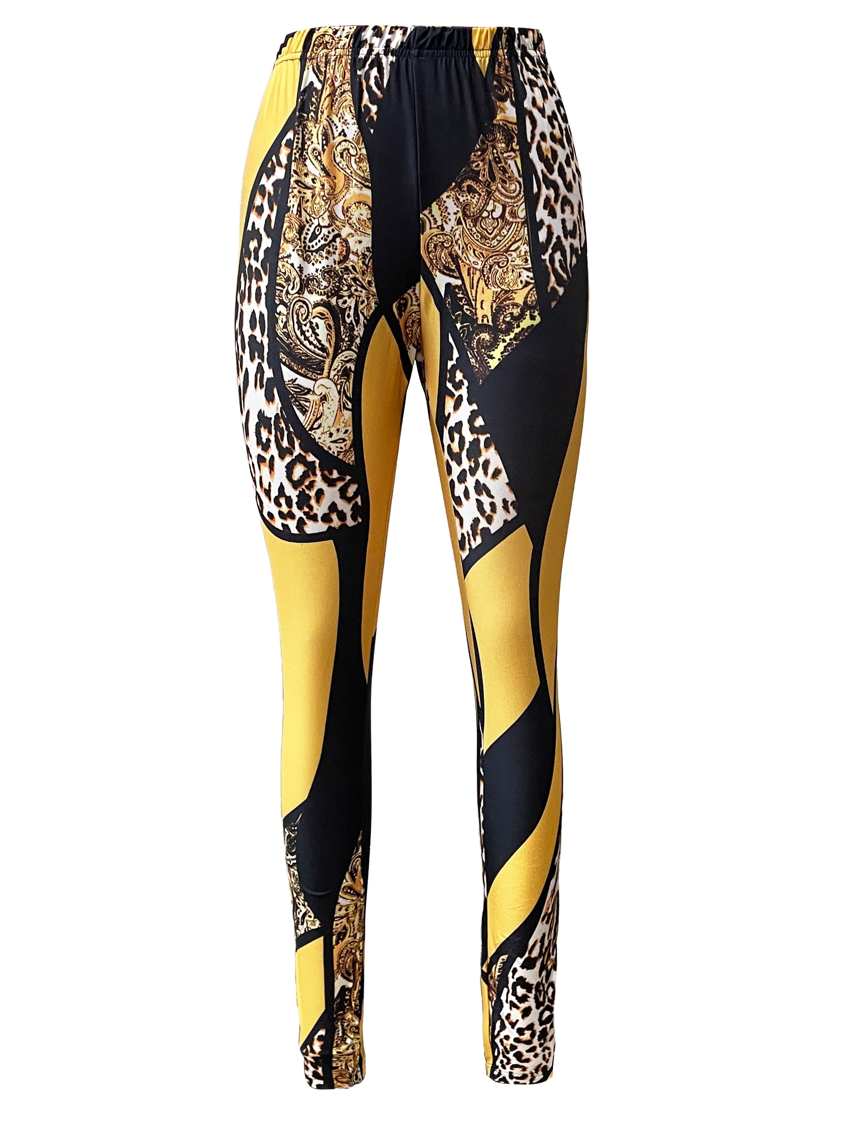 Color Block Leopard Print Skinny Leggings Casual Elastic - Temu