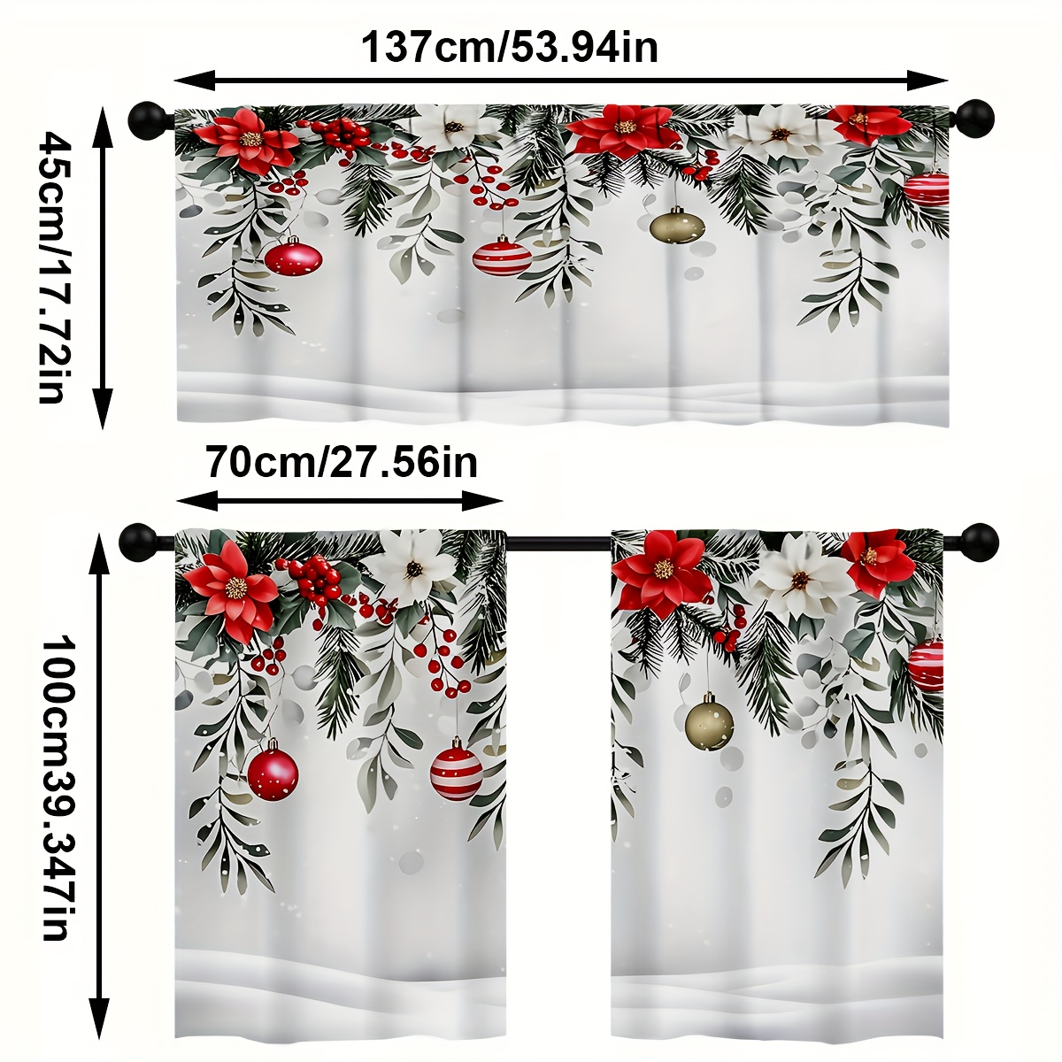 TEMU Ensemble de 3 rideaux de cuisine en polyester à motif de poinsettia et de de Noël pour décorations festives