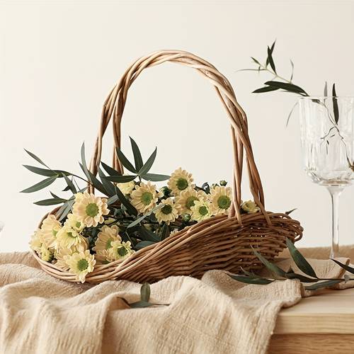 1pc Natural Woven Willow Basket With Handle, Rustic Charm Bamboo Fruit Picking & Floral Arrangement Basket, Artistic Decor For Fresh Produce, Vegetables, And Flowers, Durable Material