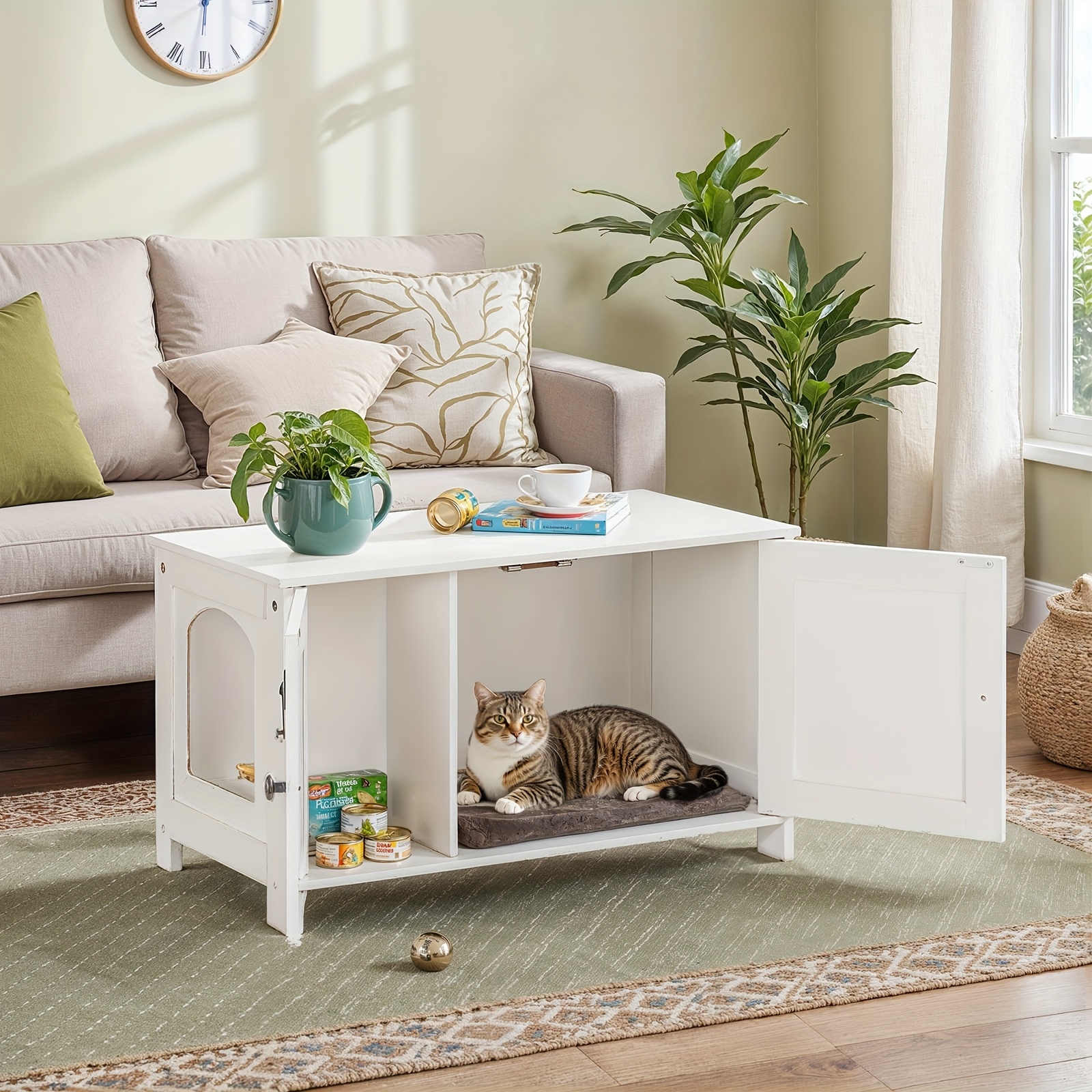 Cat Pet Friendly Living Room Furniture White Cat House Litter Box