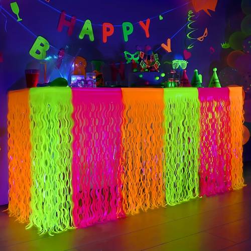 paquetes de 2 de artículos para de noche , decoraciones de fluorescentes de neón con faldones de mesa de de lámina ondulada en naranja macarrón, y magenta, decoración de mesa fluorescente