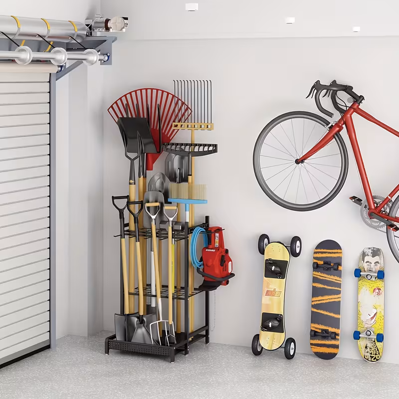 Heavy Duty Metal Storage Rack with Hooks for Long-Handled Tools