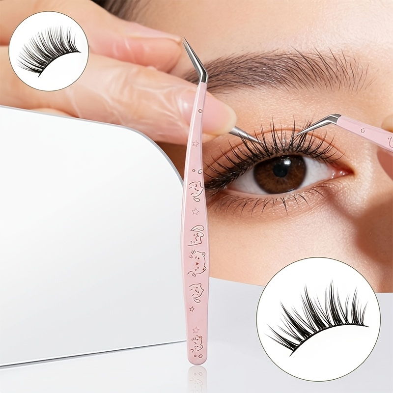 TEMU Curved Tip Precision Tweezers, Eyelash Extension Tweezers With Adorable Cat Pattern, High-precision Stainless Steel Material, Detachable Eyelash