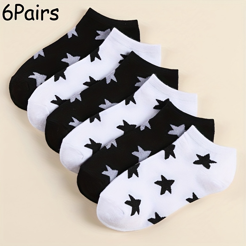 E-shop 6 Paar identische Bootssocken für Damen Herren mit schwarz-weißem Sternenmuster, bequeme weiche Damen-Kurzsocken, elegante lässige Socken,